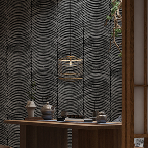 黑色瓦片墙纸无纺布中式电视背景墙装饰壁纸茶馆直播间背景墙壁布