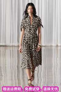 ZARA夏季新款女装野性豹纹配腰带动物纹印花衬衫式连衣裙2183060