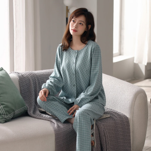 zoya佐雅秋冬新款纯棉磨毛布女士格纹圆领长袖睡衣家居服 a116004