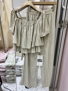 韩国东大门2024夏装新款时尚V领飞飞袖衬衫休闲长裤两件套装女潮