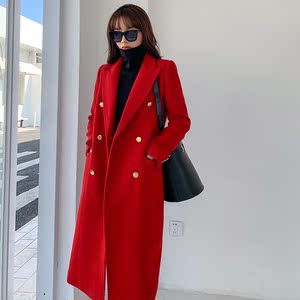 kiki2020秋冬新款红色气质双排扣收腰中长款羊毛大衣女