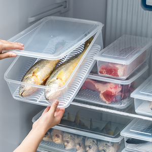 冰箱冷冻鱼肉收纳盒厨房沥水保鲜盒食品塑料长方形带盖大号冷藏盒