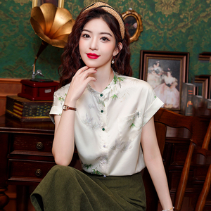 新中式印花立领直筒衬衫女夏季新款复古洋气短袖雪纺衬衣国风小衫