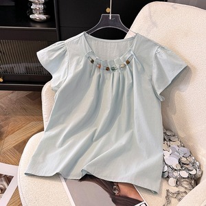 韩系飞飞袖衬衫女夏季新款小个子短款上衣设计感串珠褶皱圆领衬衣