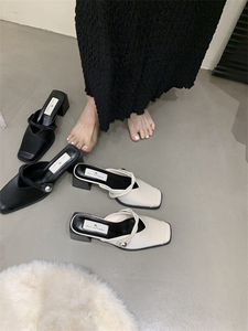 2024夏季新款韩版包头时装凉拖鞋中跟方头一字带休闲半拖鞋女外穿