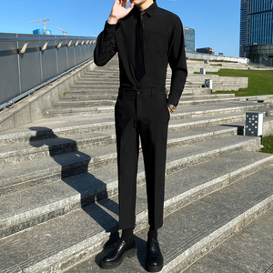 韩版修身一身黑衬衫西裤套装男商务休闲夜场上班正装衬衣长袖显瘦