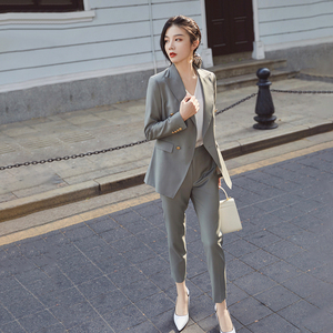 高级感炸街豆沙绿西装套装女春秋韩版气质职业西服两件套小个子