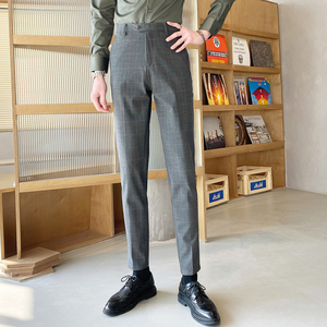 韩版格子西裤男小脚修身青年潮流百搭英伦商务正装职业休闲西装裤