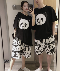 韩版短袖短裤情侣睡衣夏天薄款纯棉熊猫宽松大码200斤家居服套装