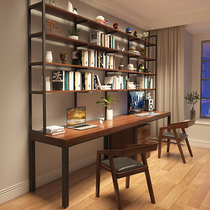 实木书桌书架一体组合双人电脑桌子卧室学习桌靠墙办公长条工作台
