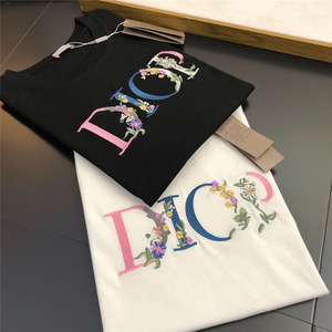 2021夏季新款宾迪奥cd同款刺绣花卉圆领宽松男女同款休闲短袖t恤