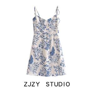 ZR 欧美风 ZA女装 法式复古 裹胸收腰显瘦系带花朵印花吊带连衣裙