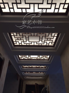东阳木雕 实木镂空过道吊顶花格仿古门窗中式玄关隔断背景墙灯盘