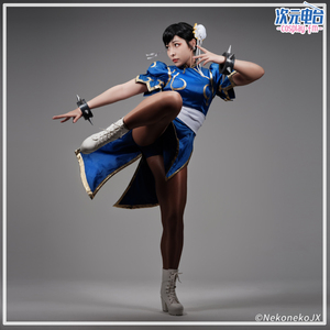 春丽cos服蓝色旗袍 街头霸王对决战斗服快打旋风送头饰/大码女装