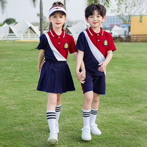 中小学生校服夏季套装幼儿园园服运动会活动儿童拼接红色班服夏装