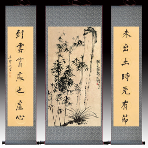 郑板桥竹子水墨画国画卷轴画客厅装饰画中堂画对联字画丝绸礼品画