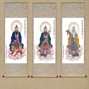 三清祖师画像 神像卷轴挂画家居供奉元始天尊太上老君道场道教图