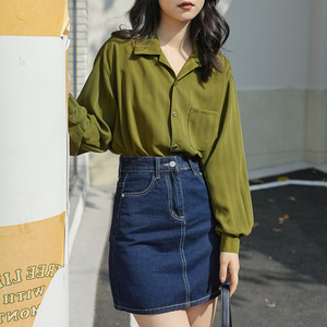 港风复古雪纺衬衫女设计感小众夏秋季高级垂感条纹墨绿色长袖上衣