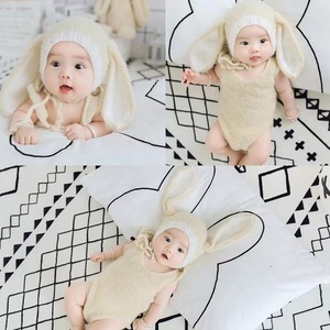 百天宝宝长耳朵兔子帽子套装拍照摄影服装婴儿满月半岁照相留恋装