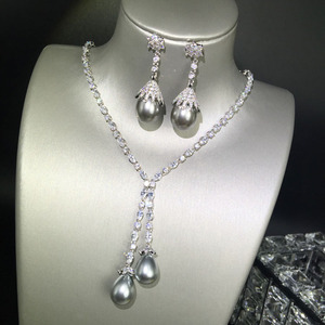 韩版灰色珍珠项链耳环套装精美流苏短款锁骨链新娘礼服宴会配饰品