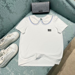 2022miumiu/缪缪夏季新款烫钻娃娃领短袖刺绣字母甜百搭休闲t恤女