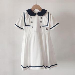 24夏季女童海军风短袖连衣裙白色娃娃领小熊童装裙子TTOW242458A