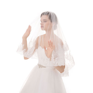 新娘婚纱头纱新款两层造型头纱带发梳多层亮片头纱白韩式特价包邮