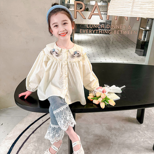 女童春秋小女孩娃娃领衬衣2024新款洋气白衬衫儿童装韩版长袖上衣