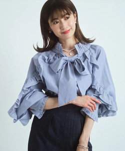sandy日系ap家三千金春夏新品法式领结褶边蝴蝶结衬衫女22116410