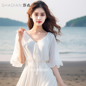 夏季新款白色连衣裙雪纺长裙遮肉显瘦大摆裙到脚踝度假长裙沙滩裙