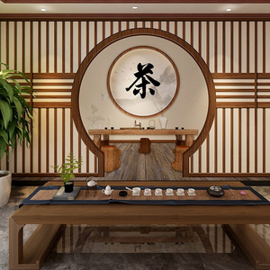 新中式茶道屏风墙纸古典展厅茶叶店直播间背景墙装饰茶艺茶室壁纸