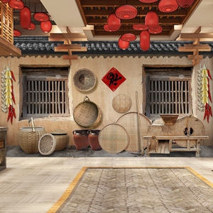 050人付款淘宝农家风老房子装饰壁纸复古怀旧小院饭店装修东北铁锅炖
