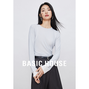 Basic House/百家好新款撞色T恤女2024春季高级感长袖上衣