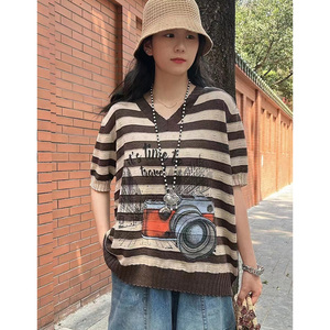 木凡6739夏季新品复古文艺棉麻衫薄款v领短袖条纹女装t恤休闲减龄