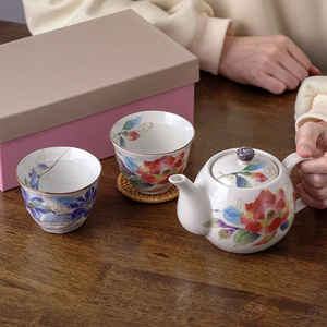 七夕礼物美浓烧陶瓷茶具套装一壶两杯便携旅行茶壶杯子釉下彩