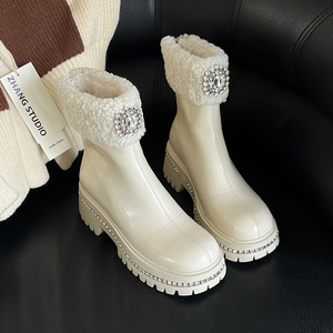 羊毛厚底雪地靴女真皮松糕防滑东北大棉鞋冬季新款白色加厚毛短靴