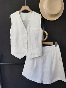 2023夏季时尚复古100%亚麻白色薄款马甲 西装短裤透气休闲套装女