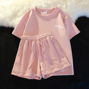 2024新款粉色休闲运动套装女夏季小个子宽松短裤两件套运动服套装