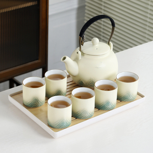 提梁壶大号餐厅套装家用客厅喝茶杯简约大容量陶瓷泡粗陶茶壶托盘