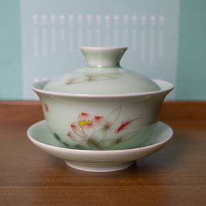 陶瓷茶具青瓷盖碗梅青莲藕荷花小鱼盖碗家用泡茶杯个人杯单个茶碗