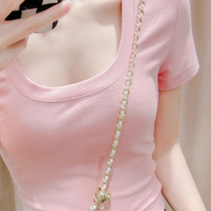 粉色纯棉短袖t恤女夏季新款性感低胸u领露锁骨短款紧身弹力上衣薄