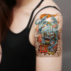 中国上古神兽麒麟唐狮貔貅花臂纹身贴防水男持久胸腿半甲刺青贴画