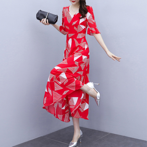 夏天红色雪纺连衣裙女士夏季高级感洋气高贵中年妈妈裙子气质名媛