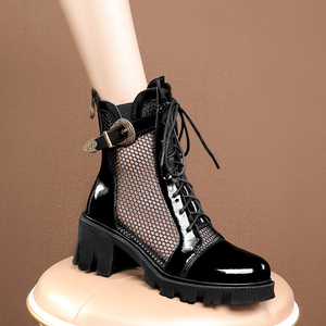 透气马丁靴女夏季包头罗马凉鞋女短筒单层薄款漆皮亮面凉靴子镂空