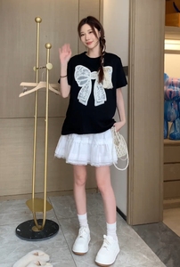 韩版孕妇装2024夏季新款外穿托腹短裙蝴蝶结短袖T桖时尚女两件套