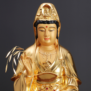 熙曼蒂观音菩萨佛像家用供奉纯铜贴金观世音娘娘摆件南海观音大士