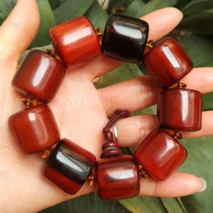 天然西藏牦牛角血红手串 赤红牦牛角带佛头筒珠手链男士