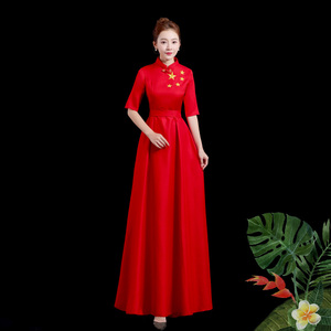2021年大合唱团演出服女红歌比赛服装表演服装女诗朗诵礼服连衣裙