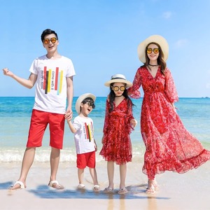 海边亲子装一家三口套装2024新款夏威夷沙滩度假母女装雪纺连衣裙