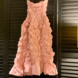 sasa设计感高级欧美风甜美皱褶泡泡抹胸连衣裙粉色公主蓬蓬裙女